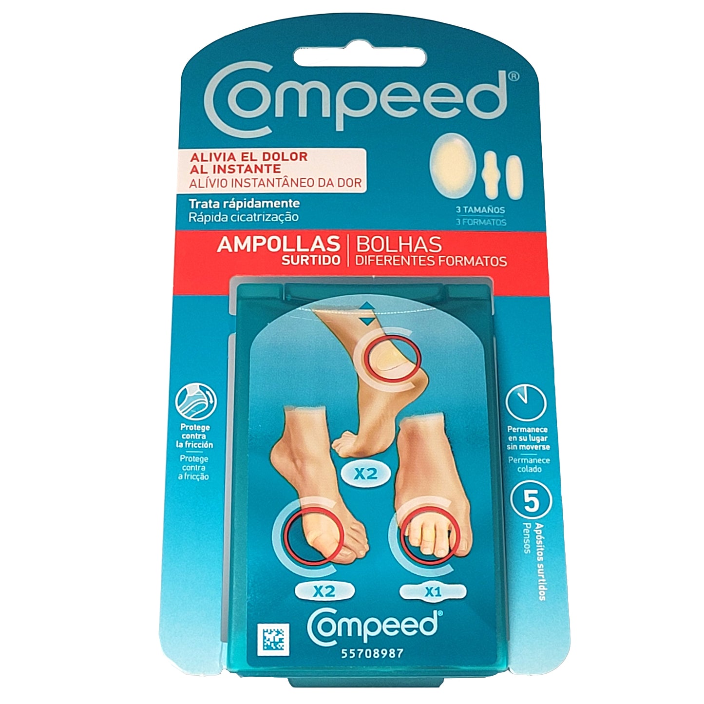 Compeed anti ampollas apósitos surtidos 5 unidades. Los apósitos Compeed® Ampollas Surtido, con su tecnología hidrocoloide actúan como una segunda piel formando un gel protector que ayuda a curar las ampollas.