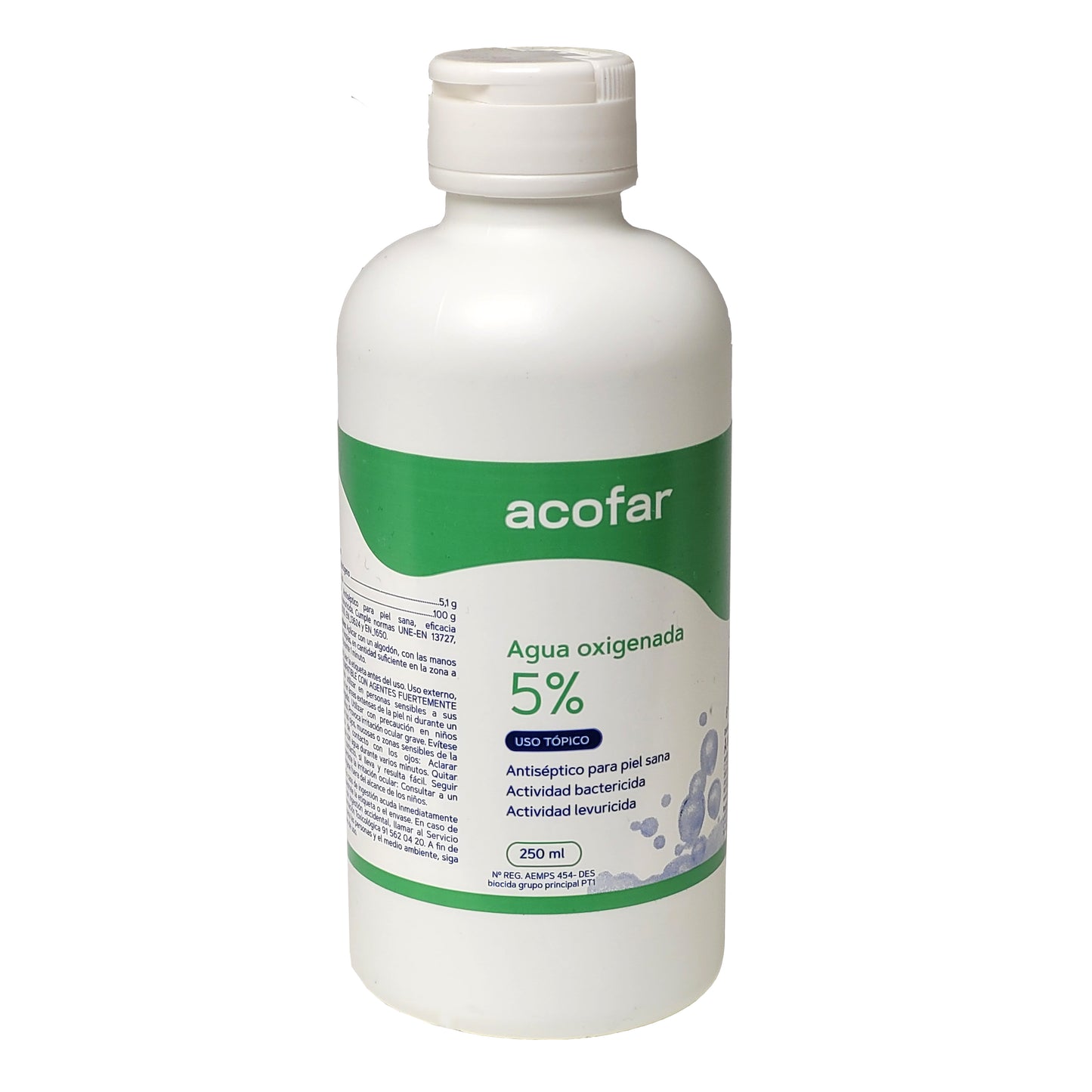 Agua Oxigenada acofar 250 ml. Indicado como antiséptico para piel sana, eficacia bactericida y levuricida. Apto para uso tópico o externo. Eficaz para el lavado de úlceras, heridas abiertas, detener sangrados o hemorragias nasales.