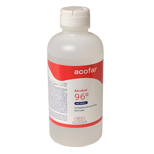 Alcohol 96° acofar 250 ml. Alcohol 96 reforzado disenfecta y limpia piel sana. Destruye las bacterias. No es eficaz ante esporas.