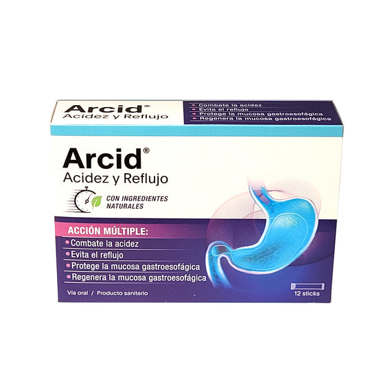 Arcid acidez y reflujo 12 Sticks.  Tratamiento antiácido formulado para combatir la acidez, el ardor, regurgitación y dolor estomacal entre otros.