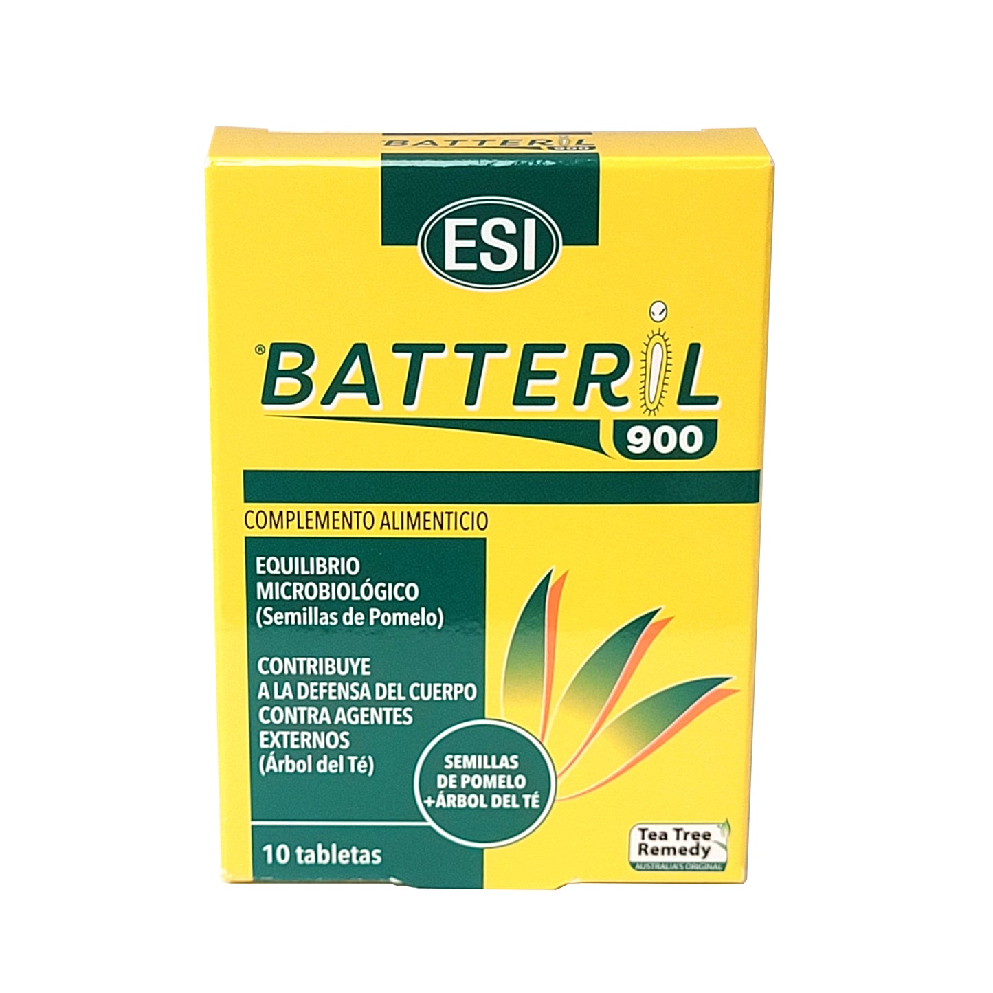 Batteril potenciador de defensas naturales 10 Tabletas. Complemento alimenticio a base de semillas de Pomelo y concentrado de Aceite esencial de Árbol del Té. Las semillas de Pomelo contribuyen al equilibrio microbiano de los órganos y tejidos del cuerpo. El Aceite de Árbol mejora la resistencia fisiológica del organismo.