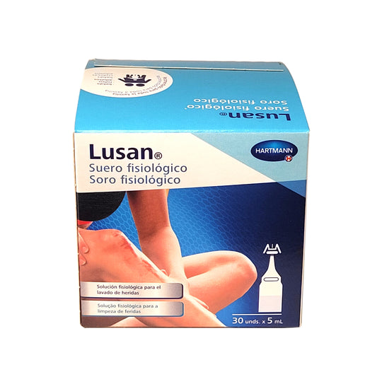 Lusan 30 suero fisiológico Monodosis 5 ml estériles. Solución estéril para la limpieza ocular y la limpieza de las fosas nasales secas o congestionadas. También para la limpieza de pequeñas heridas o rasguños.