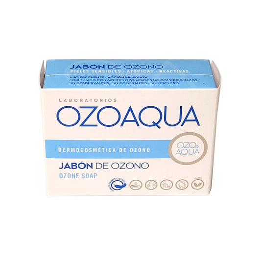 Ozoaqua jabón de ozono en pastilla 100 g. Elaborado a base de aceites vegetales ozonizados limpia, purifica y oxigena la piel, protegiéndola de agentes externos.